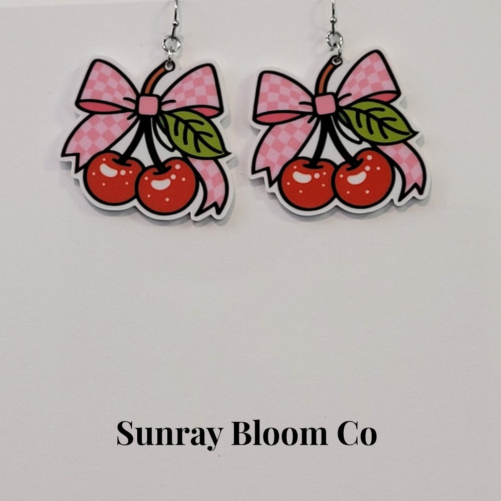 Coquette Bow with Cherries Acrylic Earrings