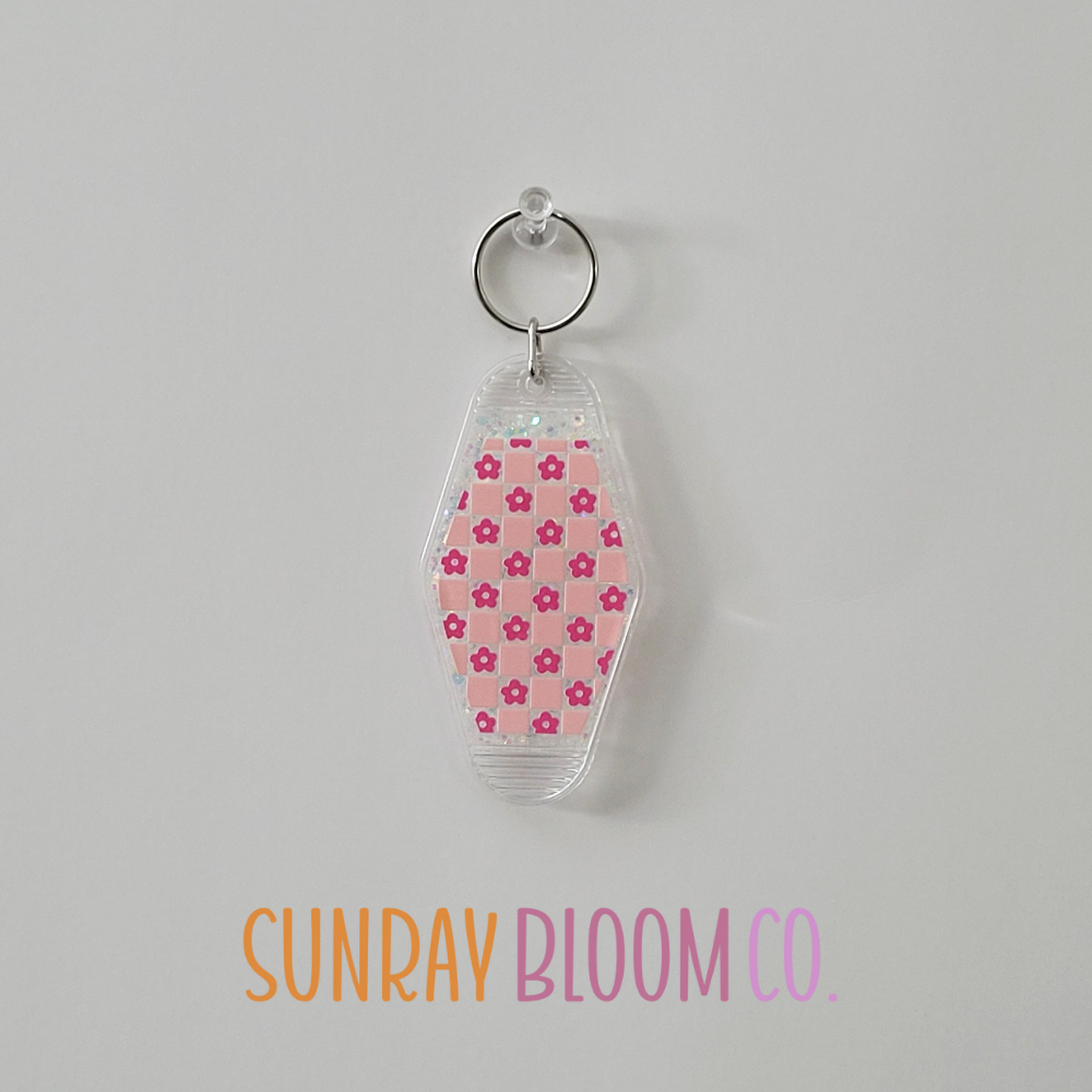 Pink Floral Checkered Glitter Hotel Keychain