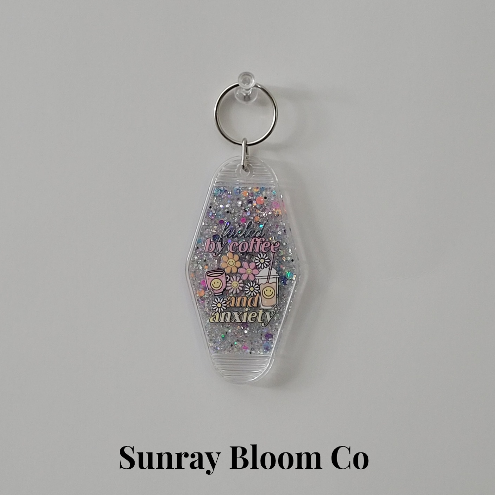 Fueled by Coffee and Anxiety Glitter Hotel Keychain