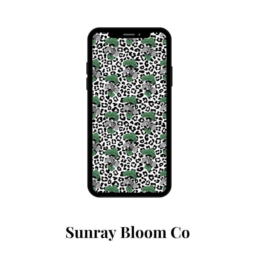 Leopard Print with Dark Green Flowers Phone Wallpaper