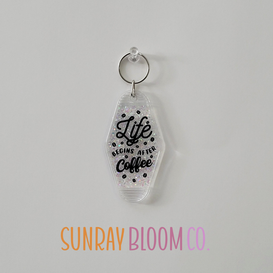 Life Begins After Coffee Glitter Hotel Keychain