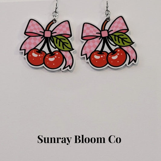 Coquette Bow with Cherries Acrylic Earrings