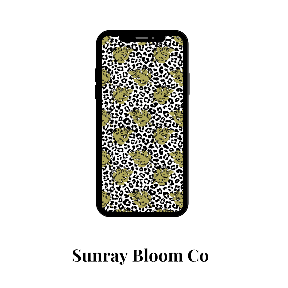 Leopard Print with Green Leaf Design Phone Wallpaper Digital Download