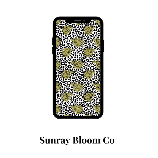 Leopard Print with Green Leaf Design Phone Wallpaper Digital Download