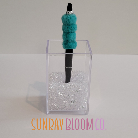 White Rhinestone Turquoise Fuzzy Pen