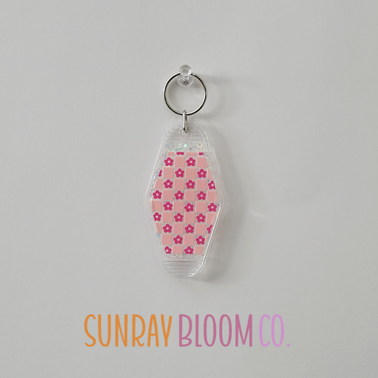 Pink Floral Checkered Glitter Hotel Keychain