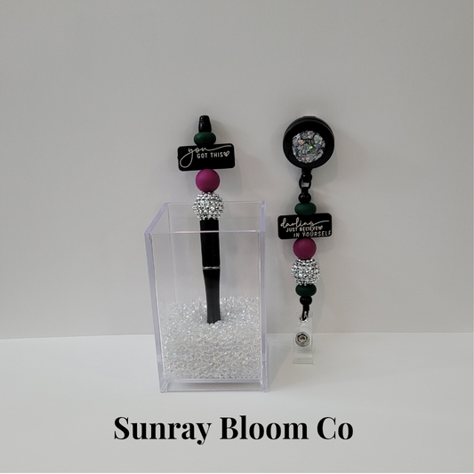 Inspirational Double Sided Matching Beaded Badge and Pen Set