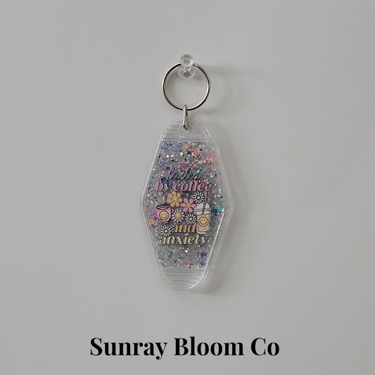 Fueled by Coffee and Anxiety Glitter Hotel Keychain
