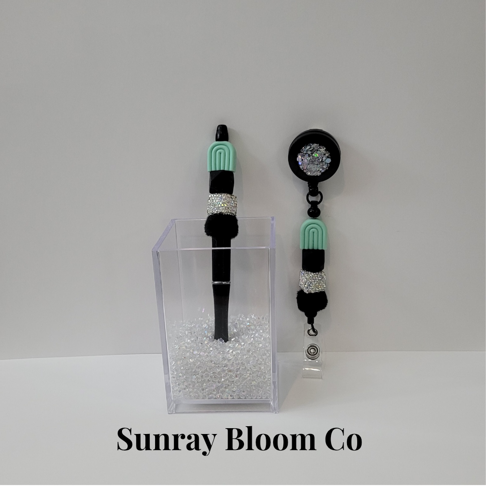 Turquoise Rainbow Matching Beaded Badge and Pen Set