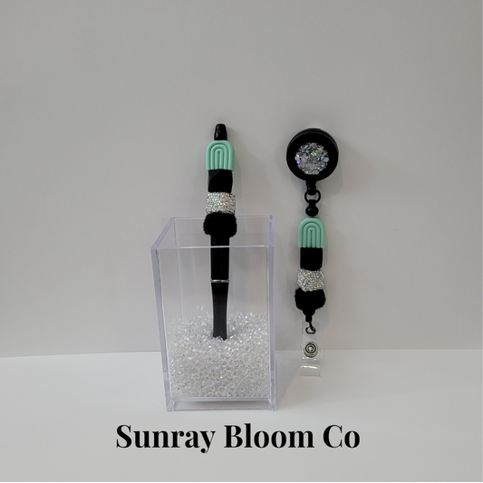 Turquoise Rainbow Matching Beaded Badge and Pen Set