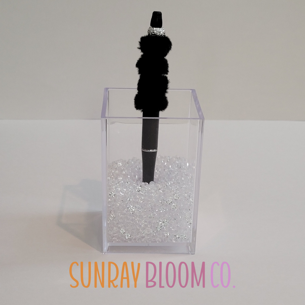 White Rhinestone Black Fuzzy Pen