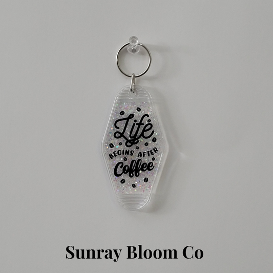 Life Begins After Coffee Glitter Hotel Keychain