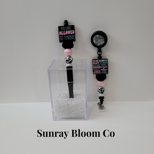 You are Allowed to Thrive Double Sided Matching Beaded Badge and Pen Set