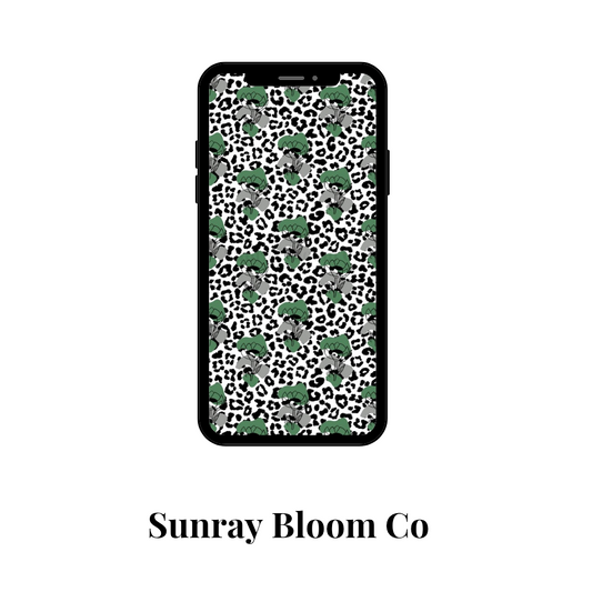 Leopard Print with Dark Green Flowers Phone Wallpaper