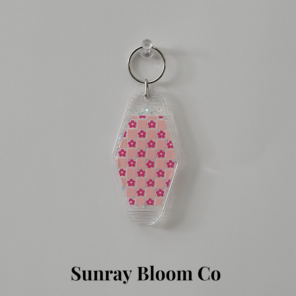 Pink Floral Checkered Glitter Hotel Keychain