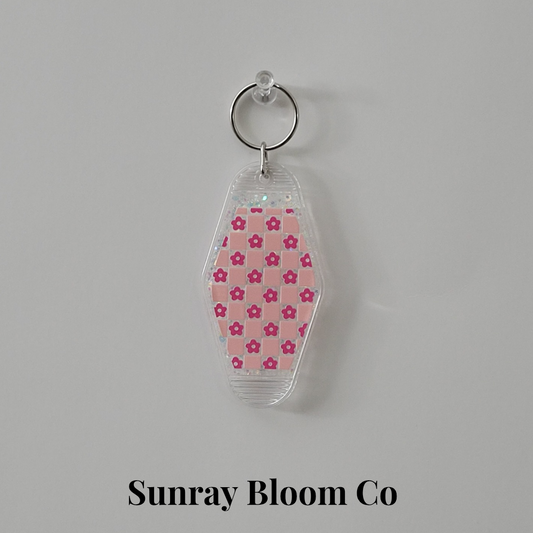 Pink Floral Checkered Glitter Hotel Keychain