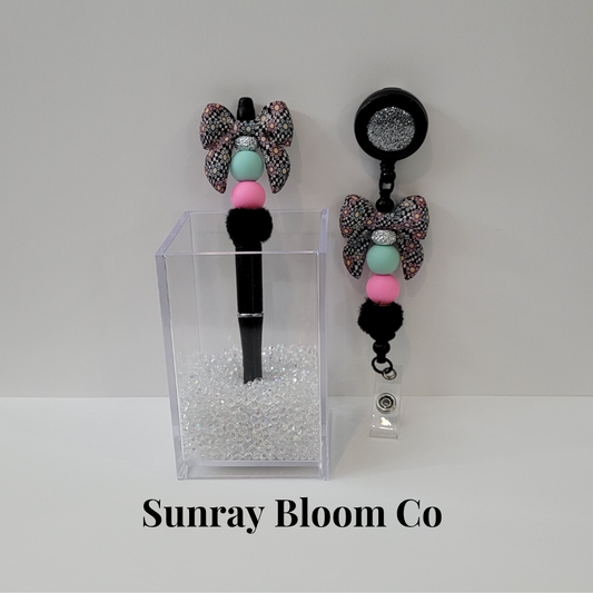 Floral Bow Matching Beaded Badge and Pen Set